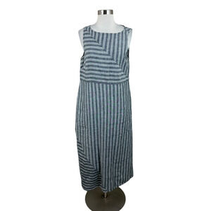 J. Jill Love Linen Gray Stripe 100% Linen Midi Dress Lagenlook Coastal S Pockets
